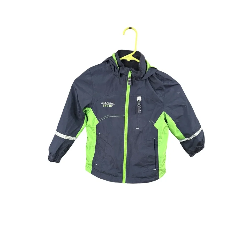 London Fog Boys Navy Blue Neon Green Hooded Windbreaker Jacket Size M 5-6